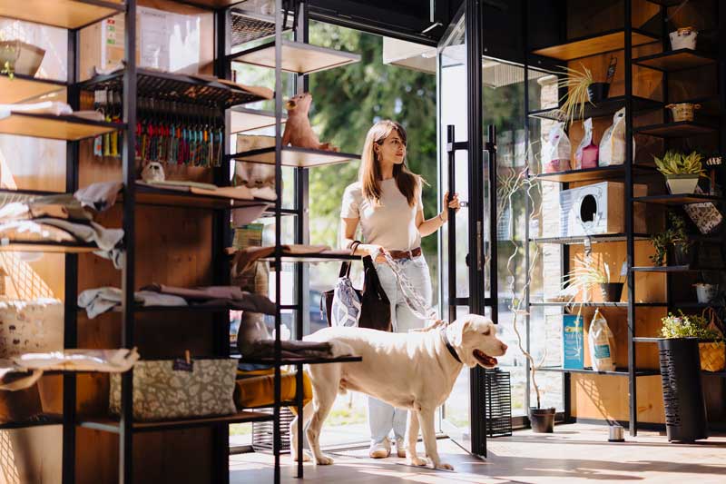 Dog Entering Store on Leash